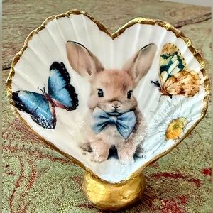 Heart-Shaped Decorative shell with Bunny and Butterfly Design